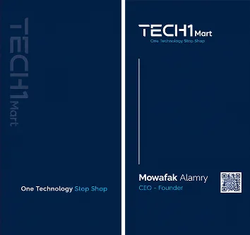 Tech1Mart vertical business cards in navy, front and back
