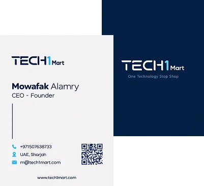 Tech1Mart business cards, the white front over the navy back
