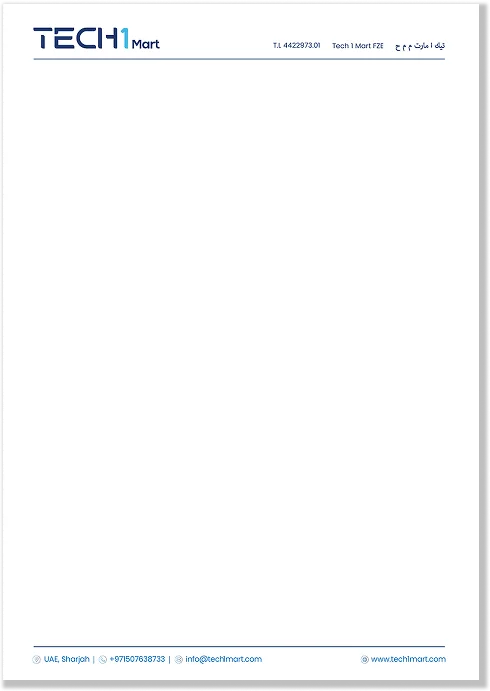The Tech1Mart letterhead with the contact details of Tech 1 Mart FZE, Sharjah