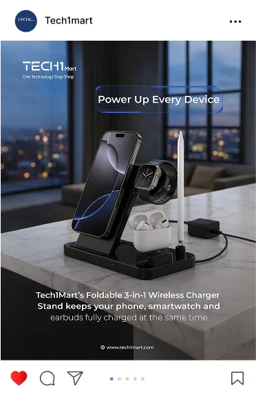 Tech1Mart post: the Foldable 3-in-1 Wireless Charger Stand, Power Up Every Device