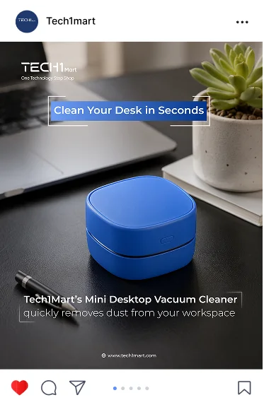 Tech1Mart post: the Mini Desktop Vacuum Cleaner beside a laptop, Clean Your Desk in Seconds