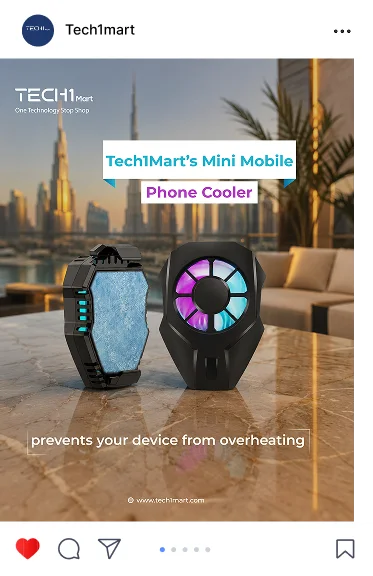Tech1Mart post: the Mini Mobile Phone Cooler on marble over Dubai, prevents your device from overheating