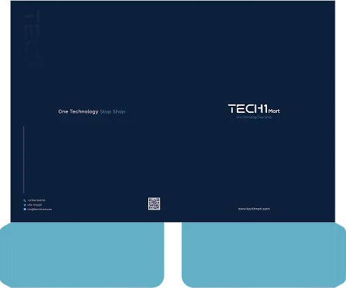 The Tech1Mart presentation folder in navy with light blue pockets: One Technology Stop Shop