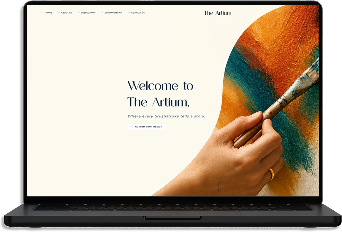 The Artium website on a laptop: Welcome to The Artium, where every brushstroke tells a story, beside a hand painting orange and teal