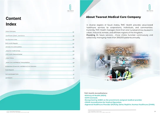 Profile spread: the Content Index facing About Twareat Medical Care Company and its accreditations