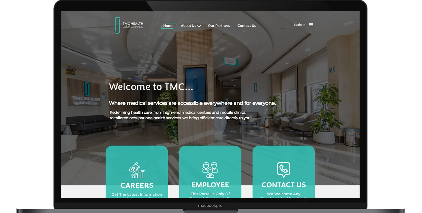 The TMC Health website on a laptop: Welcome to TMC, with Careers, Employee and Contact Us tiles over the clinic lobby