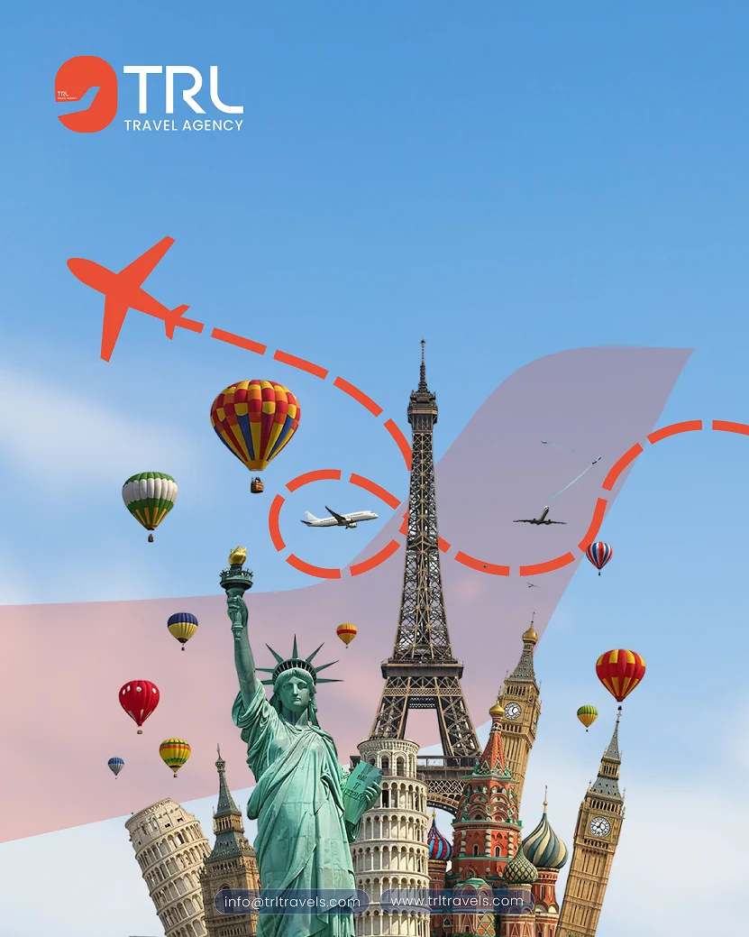 TRL campaign poster: the Eiffel Tower, Statue of Liberty, Big Ben and other landmarks under hot-air balloons and a plane on a dashed red route