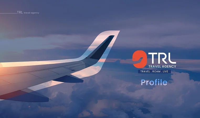 The TRL company profile cover: an aircraft wing above the clouds beside the TRL Travel Agency logo