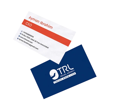 TRL business cards: the white front with a red band and the navy back