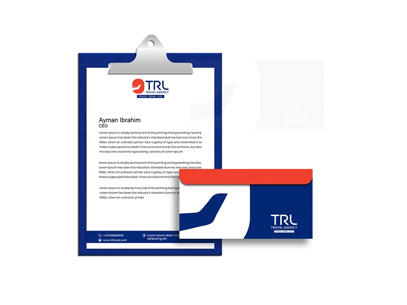 A TRL letterhead on a navy clipboard beside a branded envelope