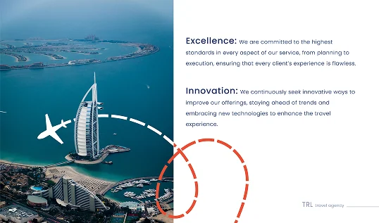 Profile spread: Excellence and Innovation, facing an aerial view of Dubai's coast