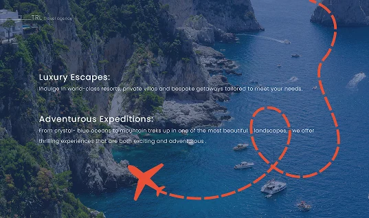 Profile spread: Luxury Escapes and Adventurous Expeditions over a coastline, crossed by a red flight path