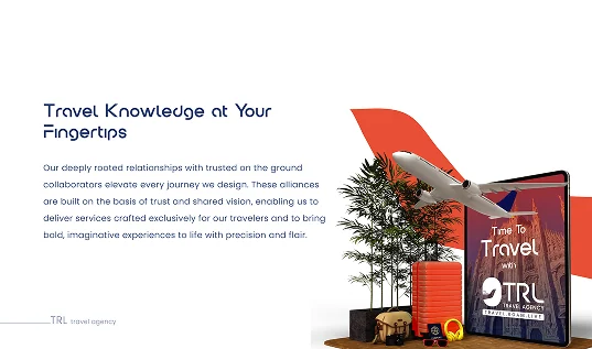 Profile spread: Travel Knowledge at Your Fingertips, beside a suitcase and a tablet reading Time to Travel