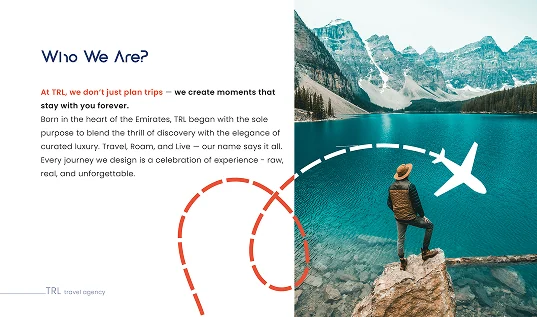 Profile spread: Who We Are, facing a traveller above a turquoise mountain lake