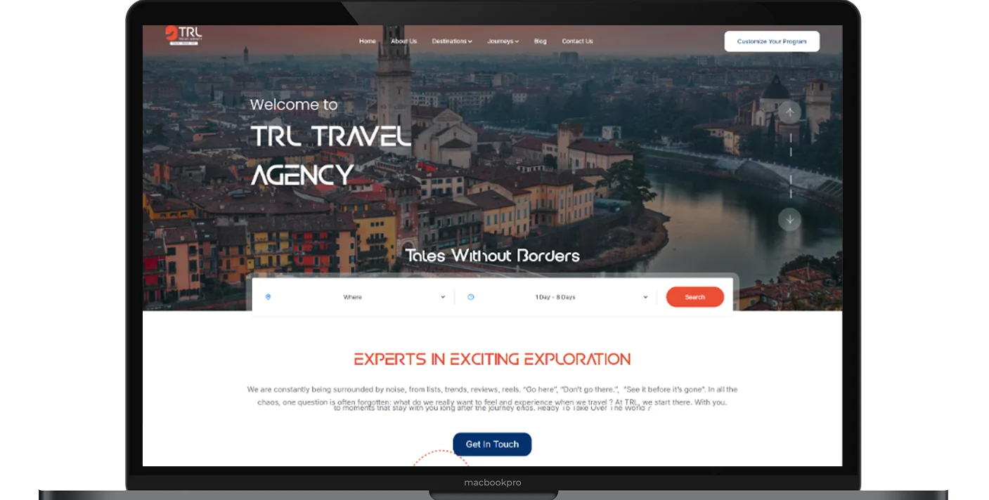 The TRL website on a laptop: Welcome to TRL Travel Agency, Tales Without Borders, with a destination search and Experts in Exciting Exploration
